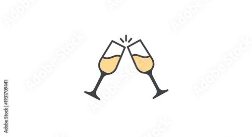 Simple line art illustration of champagne flutes toasting.