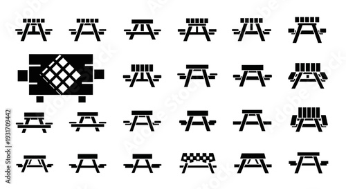 Collection of picnic table icons in various designs and layouts on a clean background viewed from directly above