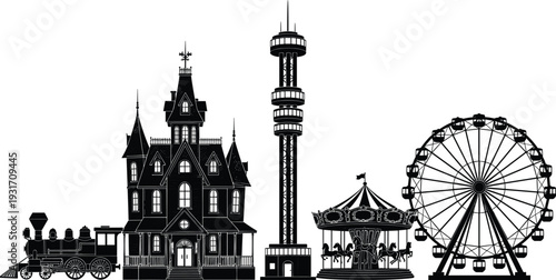 Black silhouette illustration of amusement park attractions including train engine, haunted house, drop tower, carousel, and Ferris wheel, symbolizing entertainment, fun, leisure, and iconic landmarks