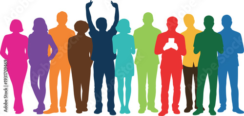 Colorful abstract people silhouettes representing diversity, inclusion, community and social togetherness in modern flat vector illustration
