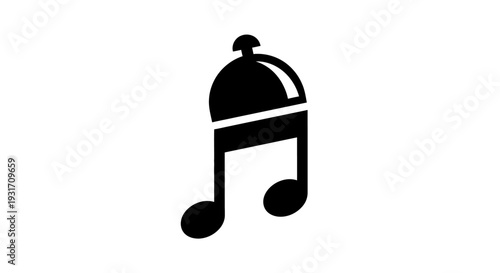 Black music note with serving cloche illustration.