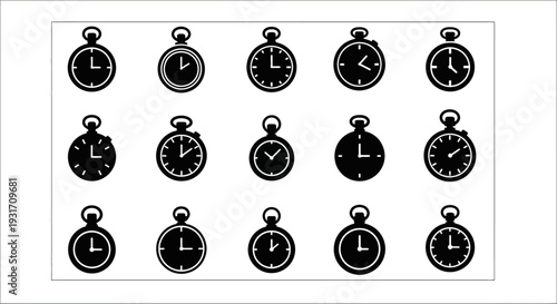 Collection of stopwatches displayed in a grid pattern on a simple white background from a straightforward viewpoint