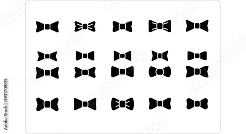 Collection of various bow tie designs arranged in a grid pattern on a plain surface viewed from directly above
