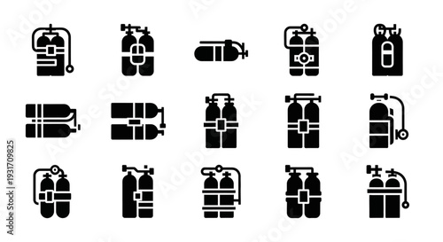 Collection of various fire extinguishers illustrations displayed together on a plain background from a straightforward viewpoint