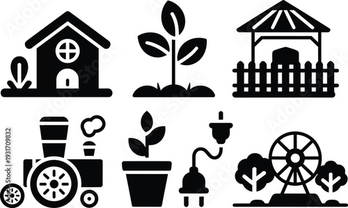 Farm village icon set with house plant gazebo tractor ferris wheel silhouette vector illustration isolated on white background