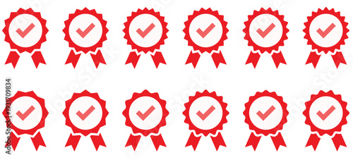 Red Verified badge icon set. Collection of different style star shaped social media icon. Social media account verification icon. red check mark icon.

