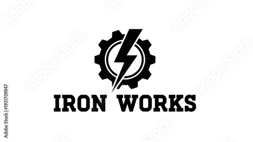 Iron Works Logo with Lightning Bolt and Gear