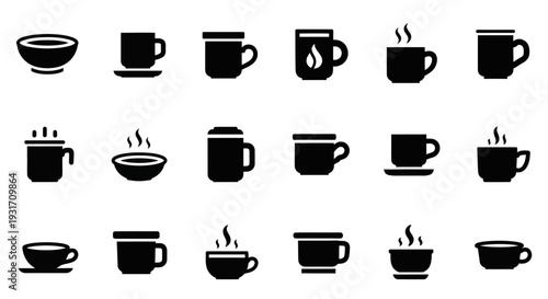Collection of various coffee cups and mugs with steam rising, illustrating diverse beverage containers and tableware in a simple graphic style