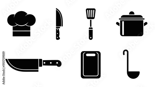 Kitchen Utensils Icons Set: Chef Hat, Knives, Spatula, Pot, Cutting Board, Ladle