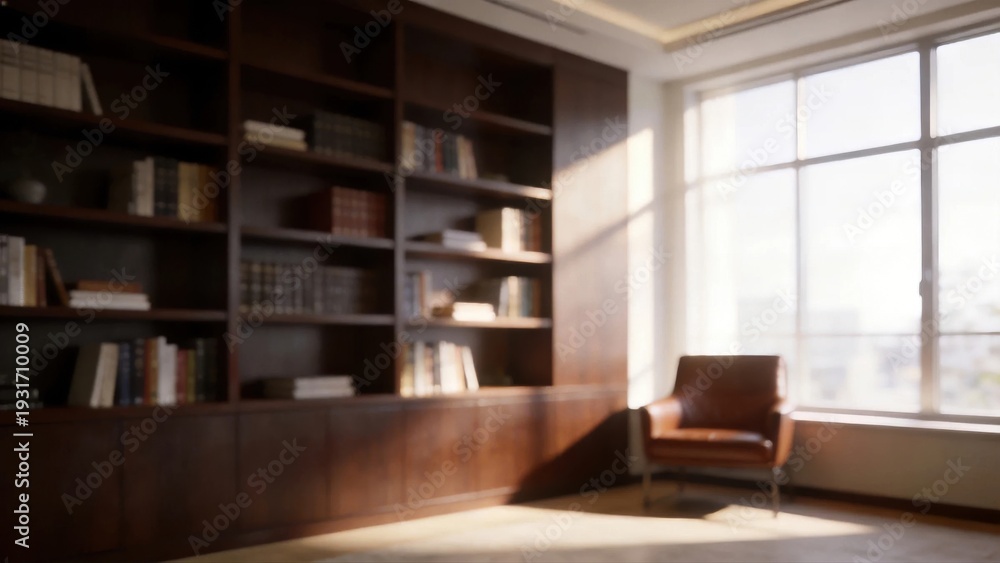 Fototapeta premium Blurred modern corporate study interior with bookshelf and window light for professional video conference virtual background