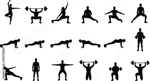 Set of black silhouettes featuring people performing various fitness exercises, weightlifting, yoga poses, gym workouts, strength training, and bodyweight movements on a white background.