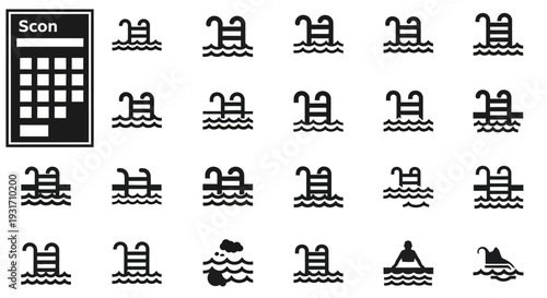 Collection of diverse swimming pool icons displayed on a digital grid interface