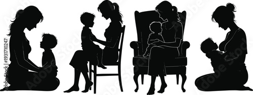 Set of black silhouettes showing a mother and child in various poses including breastfeeding, sitting together, and cuddling, isolated on a white background.
