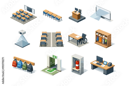 Emergency icon seating classroom isometric vector cone aisle desk icons exit coverage
