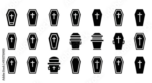 Collection of Various Coffin Illustrations Featuring Crosses on White Background from Direct Viewpoint