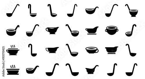 Collection of various kitchen utensils and cookware silhouettes displayed against a white background from a straightforward viewpoint