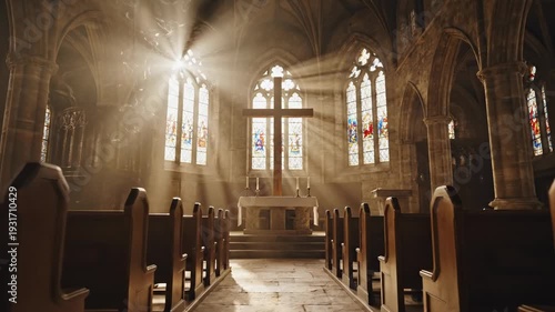 Inside a church with sunlight shining through the windows.