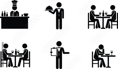 Set of restaurant service icons featuring a professional chef cooking, waiters serving food with cloches, couples dining with wine, and a lonely customer eating.