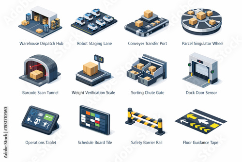 Tile icon conveyor sorting tape icons verification floor delivery staging autonomous schedule