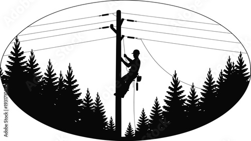 Lineman climbs utility pole, working on power lines, surrounded by pine trees, oval silhouette.