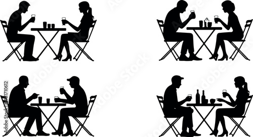 People sitting at tables silhouettes in cafe scene, social interaction, dining and conversation black flat vector illustration set