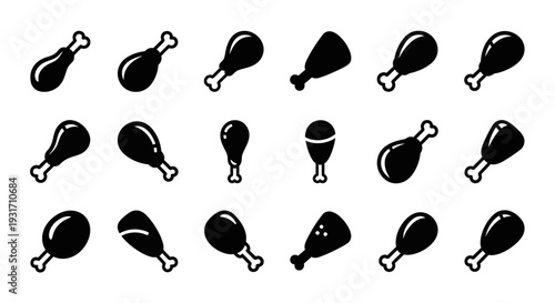 Collection of various chicken drumsticks and thighs illustrations on a clean white background from a straightforward viewpoint