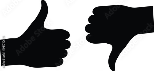 Black Thumbs Up and Thumbs Down Hand Silhouettes on White Background