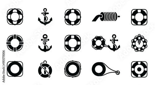 Collection of nautical symbols and icons featuring anchors, life preservers, and ropes in a grid layout on a clean background
