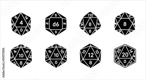 A set of polyhedral dice arranged in a grid on a plain background viewed directly from above