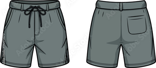 Men’s sweat shorts fashion flat vector CAD illustration, technical apparel drawing with front and back view clothing design
