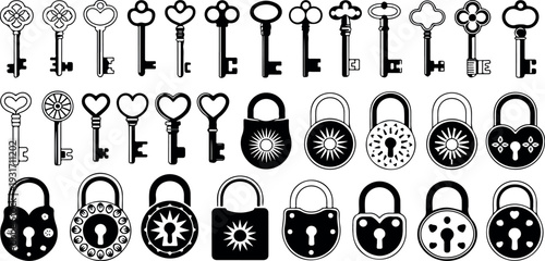 Vintage keys and padlocks black vector illustration, antique keyhole lock design, ornate locking mechanism and retro steampunk decorative silhouettes
