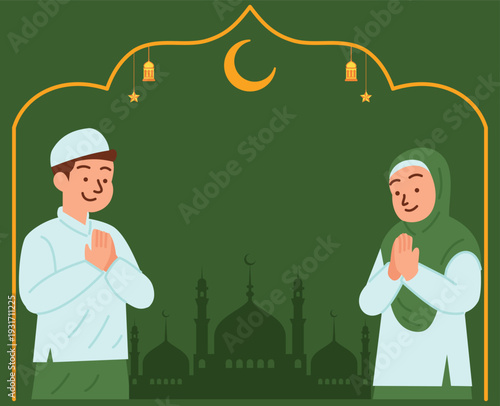 Flat vertical poster template for islamic new year celebration. islamic celebration template with caouple muslim cartoon