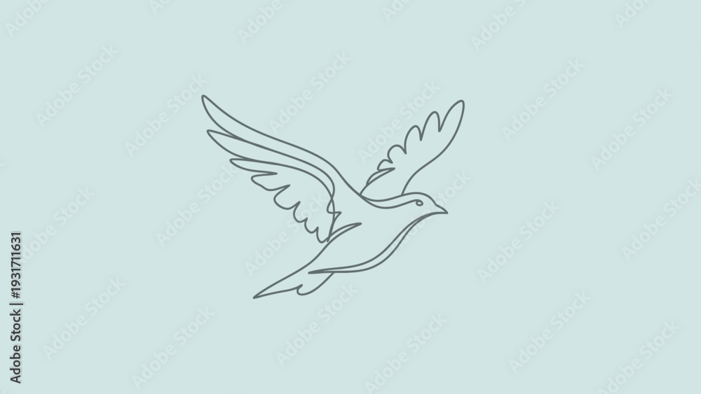 Obraz premium Minimalist line art of a dove flying, symbol of peace and freedom, on a light blue background