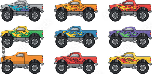 Extreme colorful cartoon monster trucks with lifted big wheels, off-road racing cars, children’s toy vehicles flat vector illustration