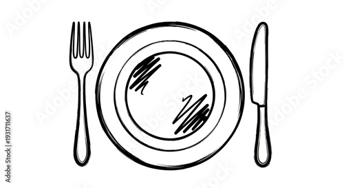 Hand-drawn sketch of a dinner plate with a fork on the left and a knife on the right, ready for a meal.