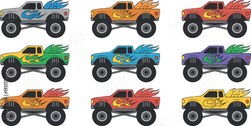 Colorful cartoon monster trucks with big wheels, off-road racing cars, extreme vehicles and lifted trucks illustration for children’s toys flat vector