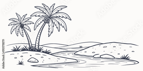 Desert Oasis with Palm Trees and Water Pond Minimal Illustration on White Background 