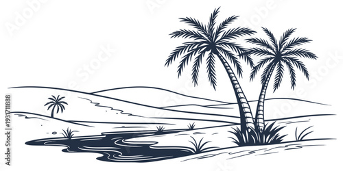 Desert Oasis with Palm Trees and Water Pond Minimal Illustration on White Background 