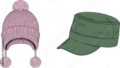 Collection of winter hats featuring pink knitted pom-pom beanie, green military cap, cozy outdoor headwear and fashion accessories flat vector illustration
