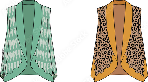 Flat vector fashion illustration of women’s vest and kimono cardigan with leopard print, abstract patterns, scalloped trim, modern CAD clothing design