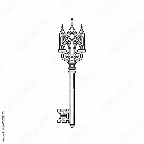 Intricate monochrome illustration of an elegant vintage key, adorned with gothic architectural design, symbolizing the unlocking of new possibilities, discovery, and profound mystery