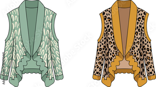 Vector illustration of women’s kimono cardigan and vest with leopard print and abstract patterns, scalloped trim details, flat CAD fashion garment design