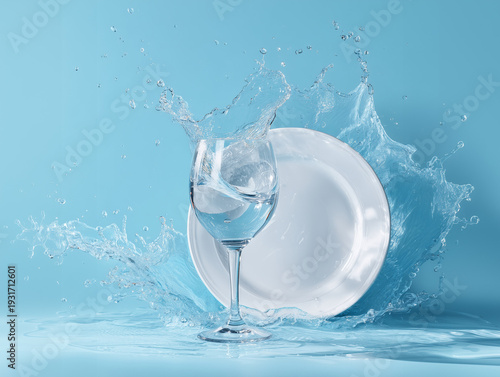 A glass of water splashes next to a white plate on a blue background. The scene captures the dynamic motion of water and the contrast of colors.