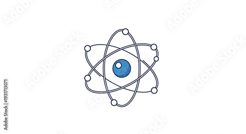 Simple atom model illustration with blue nucleus and orbiting electrons.