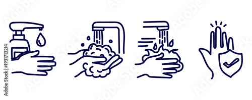 Handwashing steps illustrated in a series of four icons