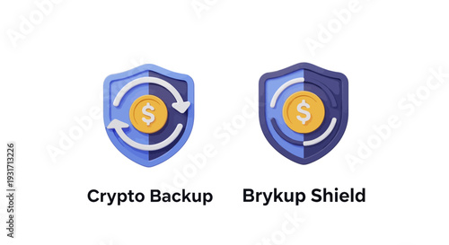 Crypto Backup and Brykup Shield icons with dollar sign and shield symbol.
