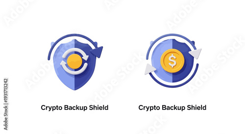 Crypto Backup Shield icons with circular arrows and currency symbols.
