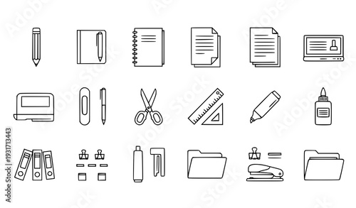 Writing and Office Supplies Thin Line Icons