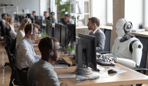Robot and people working in modern office with computers, concept of future workplace