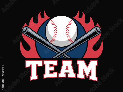Baseball Team Logo with Baseball Ball, Crossed Bats and Flames, Dynamic Fire Sports Emblem